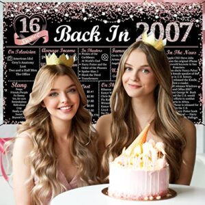 Vlipoeasn Sweet 16 Birthday Decorations for Girls, Rose Gold and Black Glitter Back in 2007 Birthday Backdrop Banner, 70.86 x 43.3Inch Pink 16 Years Old Party Poster Supplies