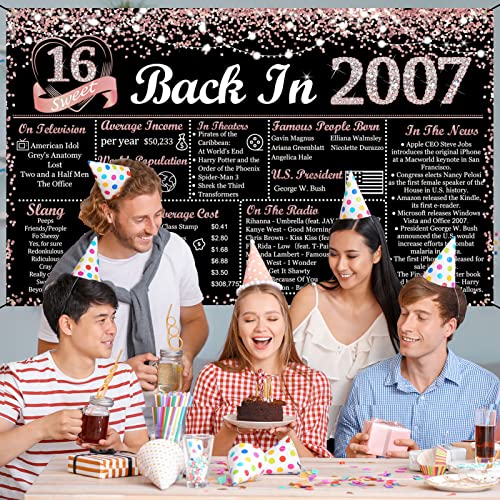 Vlipoeasn Sweet 16 Birthday Decorations for Girls, Rose Gold and Black Glitter Back in 2007 Birthday Backdrop Banner, 70.86 x 43.3Inch Pink 16 Years Old Party Poster Supplies