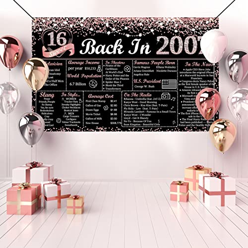 Vlipoeasn Sweet 16 Birthday Decorations for Girls, Rose Gold and Black Glitter Back in 2007 Birthday Backdrop Banner, 70.86 x 43.3Inch Pink 16 Years Old Party Poster Supplies