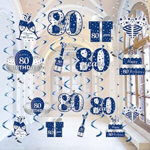blue silver 80th birthday hanging swirls decorations for men, 16pcs happy 80 year old birthday foil swirl party supplies, eighty birthday ceiling hanging sign decor