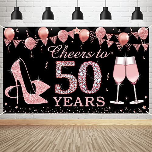 Kauayurk 50th Birthday Decorations Cheers to 50 Years Banner, Rose Gold 50 Year Old Birthday Backdrop Party Supplies for Women, Large Fifty Birthday Poster Sign Decor