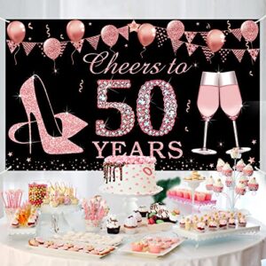 Kauayurk 50th Birthday Decorations Cheers to 50 Years Banner, Rose Gold 50 Year Old Birthday Backdrop Party Supplies for Women, Large Fifty Birthday Poster Sign Decor