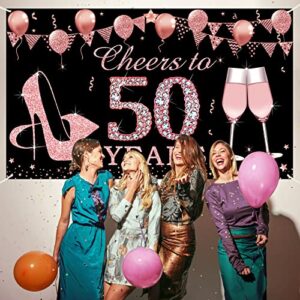 Kauayurk 50th Birthday Decorations Cheers to 50 Years Banner, Rose Gold 50 Year Old Birthday Backdrop Party Supplies for Women, Large Fifty Birthday Poster Sign Decor