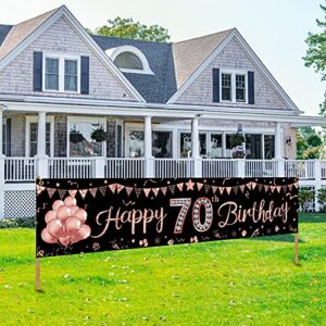 happy 70th birthday banner decorations for women, rose gold 70 birthday sign party supplies, funny 70 year old theme birthday party decor for outdoor indoor