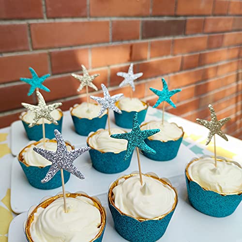 Mybbshower Glitter Paper Starfish Confetti for Birthday Party Table Scatter Beach Theme Party Wedding Decorations DIY Crafts Pack of 150 (teal gold silver)