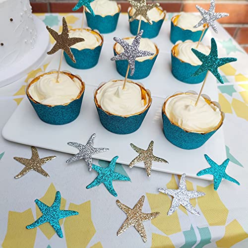 Mybbshower Glitter Paper Starfish Confetti for Birthday Party Table Scatter Beach Theme Party Wedding Decorations DIY Crafts Pack of 150 (teal gold silver)