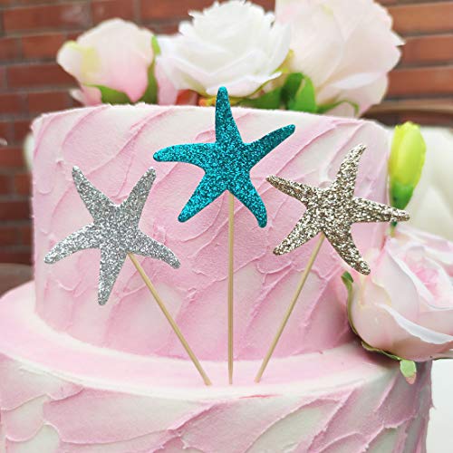 Mybbshower Glitter Paper Starfish Confetti for Birthday Party Table Scatter Beach Theme Party Wedding Decorations DIY Crafts Pack of 150 (teal gold silver)