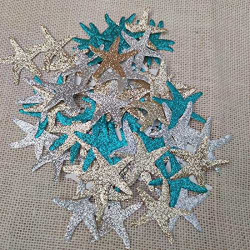 Mybbshower Glitter Paper Starfish Confetti for Birthday Party Table Scatter Beach Theme Party Wedding Decorations DIY Crafts Pack of 150 (teal gold silver)