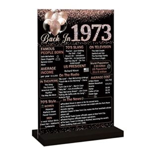 vlipoeasn 50th birthday anniversary table decoration 1973 poster for women, rose gold back in 1973 acrylic table sign with wooden stand, 50 year old birthday party centerpieces gift supplies
