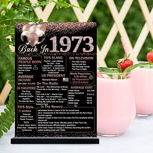 Vlipoeasn 50th Birthday Anniversary Table Decoration 1973 Poster for Women, Rose Gold Back in 1973 Acrylic Table Sign with Wooden Stand, 50 Year Old Birthday Party Centerpieces Gift Supplies