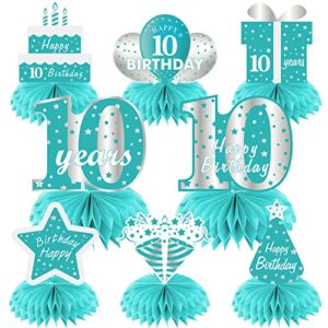 yoaokiy teal 10 year old birthday decorations honeycomb centerpieces, 8pcs breakfast blue happy table sign party supplies for girl, sweet 10th bday topper decor (1987y11291)