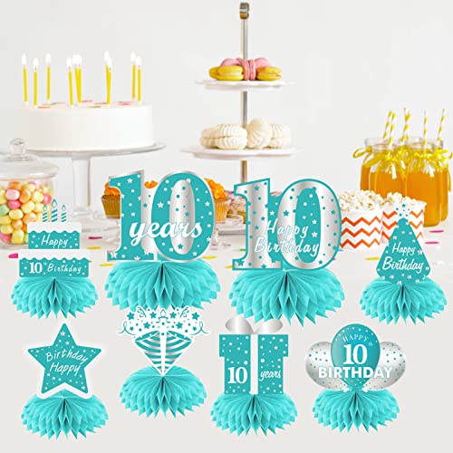 Yoaokiy Teal 10 Year Old Birthday Decorations Honeycomb Centerpieces, 8Pcs Breakfast Blue Happy Table Sign Party Supplies for Girl, Sweet 10th Bday Topper Decor (1987Y11291)