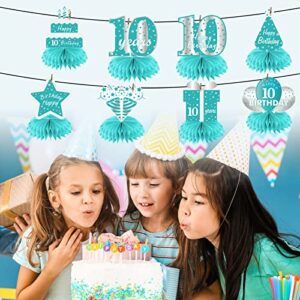 Yoaokiy Teal 10 Year Old Birthday Decorations Honeycomb Centerpieces, 8Pcs Breakfast Blue Happy Table Sign Party Supplies for Girl, Sweet 10th Bday Topper Decor (1987Y11291)