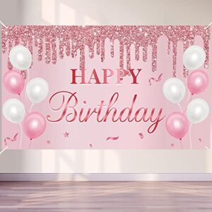 pink rose gold birthday banner backdrop decorations for women girls, happy birthday sign party supplies, 16th 21st 30th 40th 50th 60th bday photo props background decor