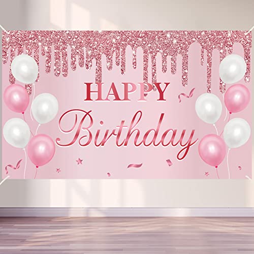 Pink Rose Gold Birthday Banner Backdrop Decorations for Women Girls, Happy Birthday Sign Party Supplies, 16th 21st 30th 40th 50th 60th Bday Photo Props Background Decor