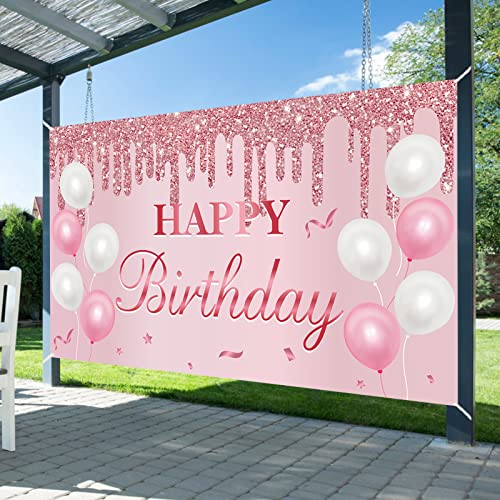 Pink Rose Gold Birthday Banner Backdrop Decorations for Women Girls, Happy Birthday Sign Party Supplies, 16th 21st 30th 40th 50th 60th Bday Photo Props Background Decor
