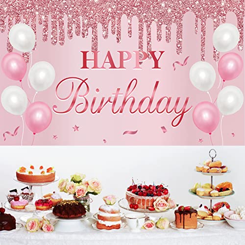 Pink Rose Gold Birthday Banner Backdrop Decorations for Women Girls, Happy Birthday Sign Party Supplies, 16th 21st 30th 40th 50th 60th Bday Photo Props Background Decor