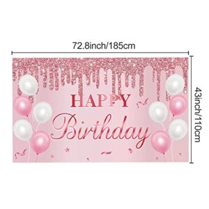 Pink Rose Gold Birthday Banner Backdrop Decorations for Women Girls, Happy Birthday Sign Party Supplies, 16th 21st 30th 40th 50th 60th Bday Photo Props Background Decor