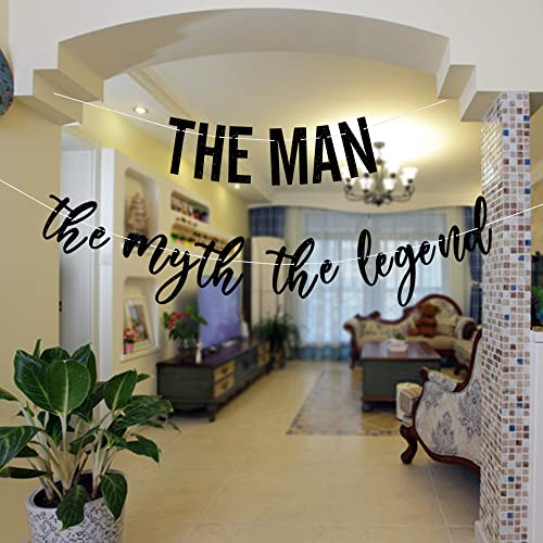 PALASASA Black Glitter The Man The Myth The Legend Banner - Father Birthday Theme Dad Party Decor for Retirement Decorations Supplies