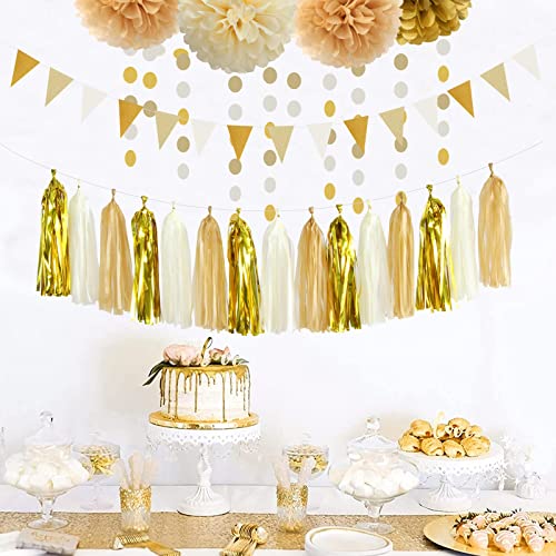 White Gold Champagne Party Decorations - 23pcs Tissue Pom Poms Streamers,Christmas Wedding Engagement Tassel Garland Banner,Bachelorette Neutral Birthday Baby Bridal Shower Decor Lasting Surprise