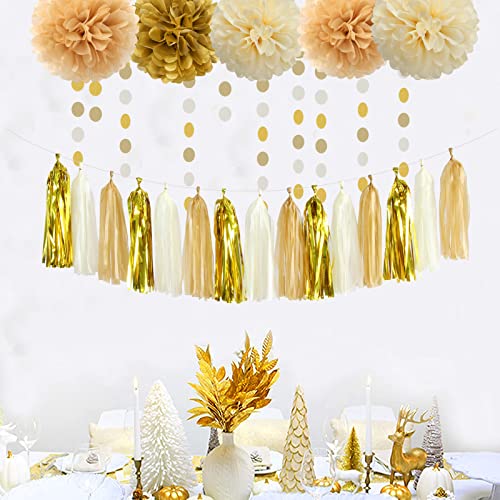 White Gold Champagne Party Decorations - 23pcs Tissue Pom Poms Streamers,Christmas Wedding Engagement Tassel Garland Banner,Bachelorette Neutral Birthday Baby Bridal Shower Decor Lasting Surprise