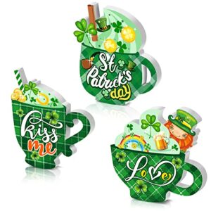 3 Pieces St. Patrick's Day Wooden Coffee Sign Double Side Coffee Cup Table Sign Irish Themed Tabletop Centerpiece Signs Shamrock Gold Coins Wooden Sign for St Patrick's Day Gift Party Home Decor
