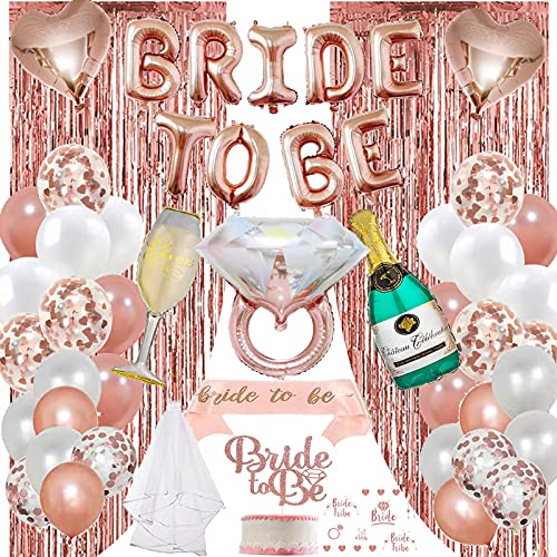 HXJDCL Bachelorette Party Decorations ,Rose Gold Bridal Shower Party Decoration Kit-Bride to be Balloons,Sash,Ring,Champagne Bottle Goblet Balloons,Veil, Foil Curtains,Tattoos,Cake Topper- Bridal Shower Favors Supplies Kit Decor