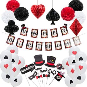 Magician Birthday Party Supplies Poker Themed Las Vegas Casino Themed Latex Balloons Paper Honeycomb Pom Poms Magic Show Photo Booth Props Decoration Easy Joy