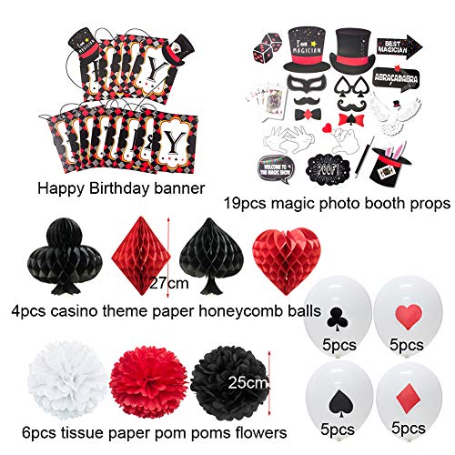 Magician Birthday Party Supplies Poker Themed Las Vegas Casino Themed Latex Balloons Paper Honeycomb Pom Poms Magic Show Photo Booth Props Decoration Easy Joy