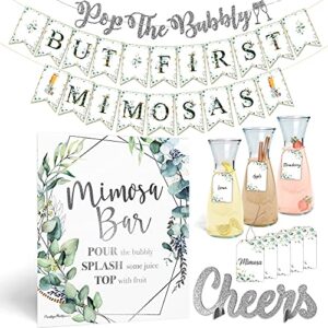 elegant mimosa bubbly bar kit – black and white champagne brunch decorations for birthday galentine’s day bridal brunch baby shower supplies red wine women adult games, silver bubble banner sign (red)