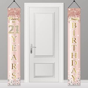 21st birthday door banner decorations for her, pink rose gold happy 21 birthday door porch backdrop party supplies, happy birthday cheers to 21 years sign decor