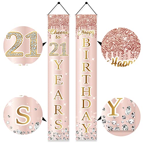 21st Birthday Door Banner Decorations for Her, Pink Rose Gold Happy 21 Birthday Door Porch Backdrop Party Supplies, Happy Birthday Cheers to 21 Years Sign Decor