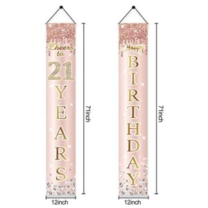 21st Birthday Door Banner Decorations for Her, Pink Rose Gold Happy 21 Birthday Door Porch Backdrop Party Supplies, Happy Birthday Cheers to 21 Years Sign Decor