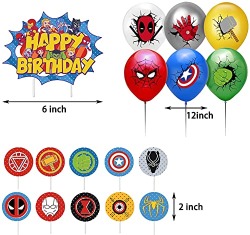 Superhero Party Supplies,Avengers Birthday Decoration-Superhero Birthday Party Banner,Superhero Balloons,Toppers Cake Toppers,6 Pcs Avengers Large Foil Balloons for Kid's boy Themem Party(44PCS)