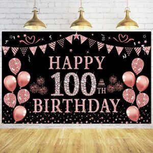 trgowaul 100th birthday decorations for women – rose gold 100th birthday backdrop banner, happy 100th birthday party supplies, pink 100 years old birthday sign poster photography background decor