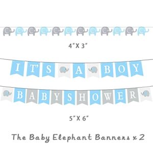 WOMRICH Boy Baby Shower Decorations Elephant Theme Set, Baby Shower Guestbook Elephant Sign Frame, It is a Boy Banners Elephant Garland Paper Lantern Paper Flower Pom Poms (Blue)