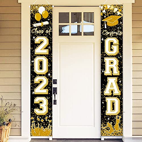 Class of 2023 Graduation Party Decorations Black and Gold Congrats GRAD Porch Sign Banner for High School and College Graduation Party Decoration(Gold)