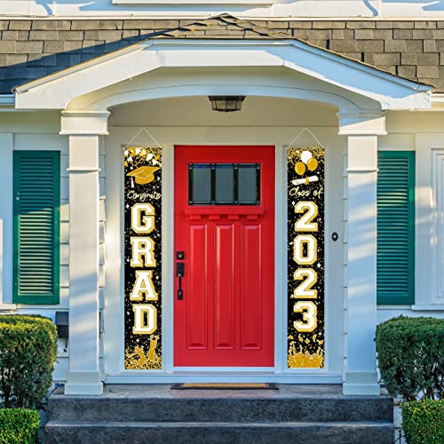 Class of 2023 Graduation Party Decorations Black and Gold Congrats GRAD Porch Sign Banner for High School and College Graduation Party Decoration(Gold)