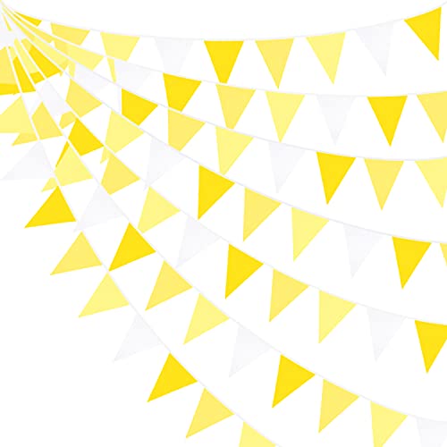 32Ft Yellow White Pennant Banner Fabric Triangle Flag Bunting Garland for Bee Sunflower Wedding Birthday Baby Shower Anniversary Lemon Theme Party Home Outdoor Garden Hanging Festivals Decorations