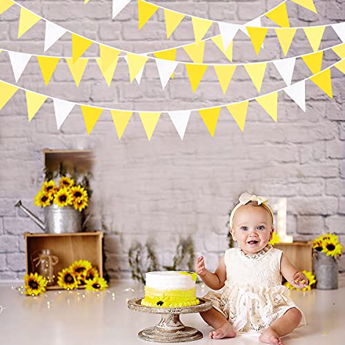 32Ft Yellow White Pennant Banner Fabric Triangle Flag Bunting Garland for Bee Sunflower Wedding Birthday Baby Shower Anniversary Lemon Theme Party Home Outdoor Garden Hanging Festivals Decorations