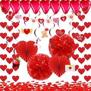 37 Pcs Valentines Day Decoration Kit, Heart Shaped Banner, 2 Tissue Fans, 2 Tissue Poms, 6 Heart String Decorations, 15 Foil Cutouts Swirls, 10 Heart Balloons and 1000 Rose Petals for Wedding Party