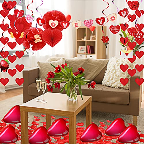 37 Pcs Valentines Day Decoration Kit, Heart Shaped Banner, 2 Tissue Fans, 2 Tissue Poms, 6 Heart String Decorations, 15 Foil Cutouts Swirls, 10 Heart Balloons and 1000 Rose Petals for Wedding Party