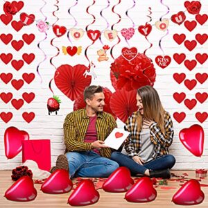 37 Pcs Valentines Day Decoration Kit, Heart Shaped Banner, 2 Tissue Fans, 2 Tissue Poms, 6 Heart String Decorations, 15 Foil Cutouts Swirls, 10 Heart Balloons and 1000 Rose Petals for Wedding Party