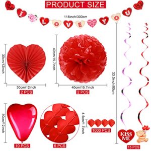 37 Pcs Valentines Day Decoration Kit, Heart Shaped Banner, 2 Tissue Fans, 2 Tissue Poms, 6 Heart String Decorations, 15 Foil Cutouts Swirls, 10 Heart Balloons and 1000 Rose Petals for Wedding Party