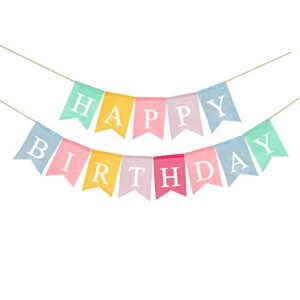 happy birthday banner, assembled reusable imitated burlap birthday banner colorful rainbow bunting garland for pastel birthday party decorations