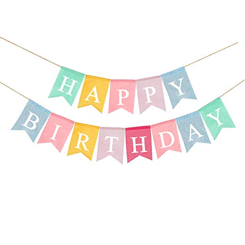 Happy Birthday Banner, Assembled Reusable Imitated Burlap Birthday Banner Colorful Rainbow Bunting Garland for Pastel Birthday Party Decorations