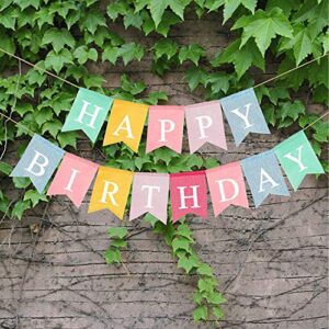 Happy Birthday Banner, Assembled Reusable Imitated Burlap Birthday Banner Colorful Rainbow Bunting Garland for Pastel Birthday Party Decorations