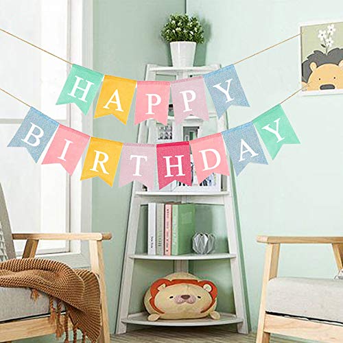 Happy Birthday Banner, Assembled Reusable Imitated Burlap Birthday Banner Colorful Rainbow Bunting Garland for Pastel Birthday Party Decorations