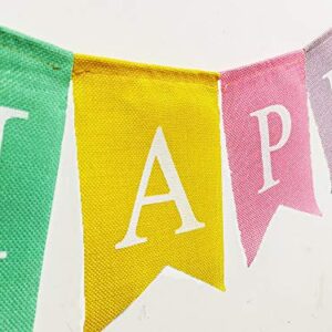 Happy Birthday Banner, Assembled Reusable Imitated Burlap Birthday Banner Colorful Rainbow Bunting Garland for Pastel Birthday Party Decorations