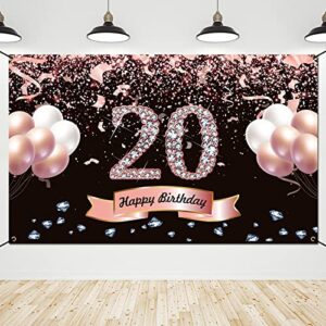 trgowaul 20th birthday decorations for women – rose gold 20th birthday backdrop for women 5.9 x 3.6 fts 20 year old birthday party photography supplies background happy 20th birthday banner